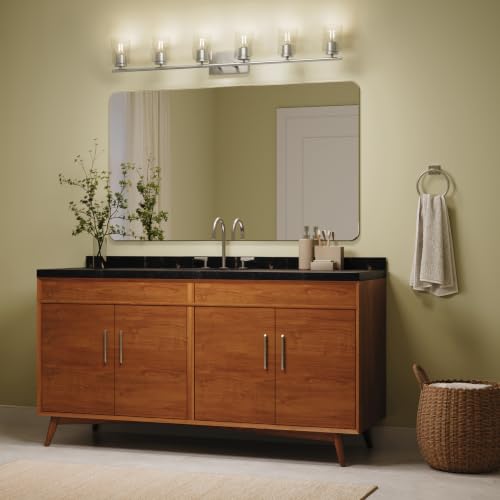 Image of Progress Lighting Replay 48 Inch 6-Light Vanity Light, Transitional, Brushed Nickel with Clear Glass Shades, (7.875 inch H x 48 inch W x 6 inch D), P300585-009