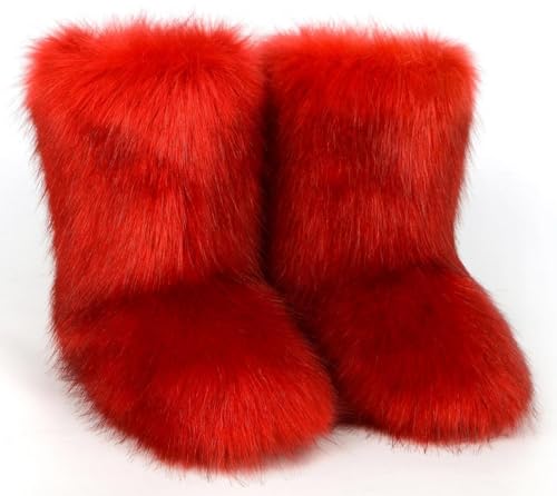 Women's Fluffy Furry Snow Boots Faux Fur Mid-Calf Flat Booties2