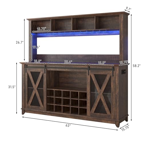 Image of 63 inchWide 58 inchH Farmhouse Coffee Bar Cabinet with Power Outlet and LED Light,Wine Bar Cabinet w / 4 Storage Hutch,Kitchen Buffet Cabinet with 15 Wine and Glass Racks for Kitchen Dining Room(Brown)