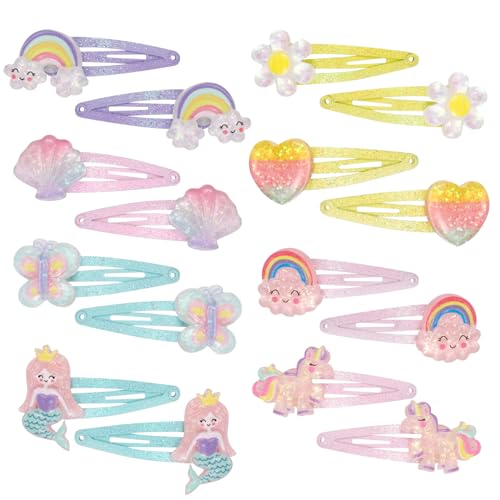 16 Stück Haarspangen Mädchen Glitzer, Haarspangen Kinder Mehrfarbig, Unicorn Meerjungfrau Schmetterling Blumen Herzen Regenbogen Haarclips Niedliche Haarschmuck für Kleinkinder Kinder Mädchen Frauen