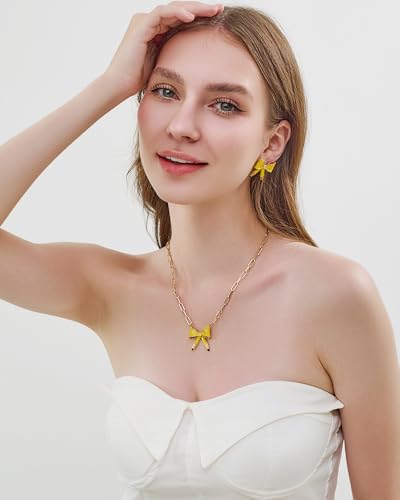 Cute Teacher Necklace For Women Yellow Enamelled Pencil Bow Pendant Necklace With Gold Chain Back To School Teacher Jewelry Gift3