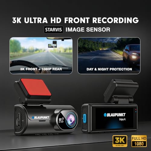 Image of Blaupunkt Dashcam-BP 4000 WiFi Dual Camera 3K +1080P,3.16 inch IPS Screen, 5MP, IMX 335sensor, Supports ADAS,G Sensor,512GB SD Card Capability,170 Wide Angle View, Built-in Mic and Speaker