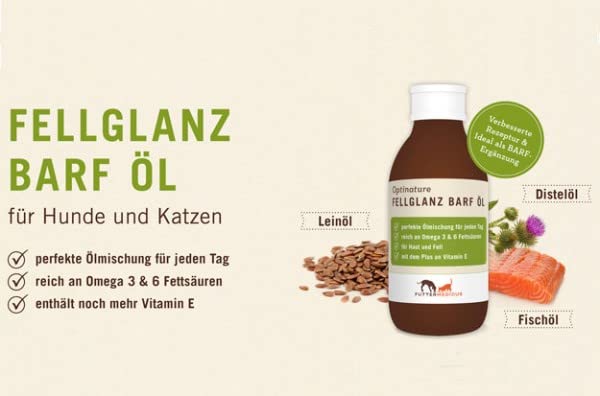 Futtermedicus Optinature Fellglanz Barf Öl | 250 ml | Ergänzungsfuttermittel für Hunde und Katzen | Zur Unterstützung der Haut- und Fellfunktion | Mit einem Plus an Vitamin E