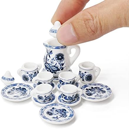 Odoria 1/12 Miniature Porcelain Tea Set 15Pcs Dollhouse Decoration Accessories, Blue Lotus