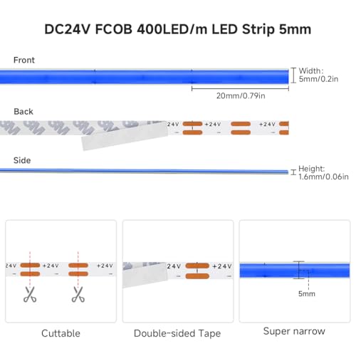 Image of 5mm Blue COB LED Strip Light DC24V Narrow Thin Flexible High Density Uniform Cob Strips 16.4FT UL Listed Dimmable CRI 90+ LED Tape Lights for Car Cabinets, No Controller /Adapter