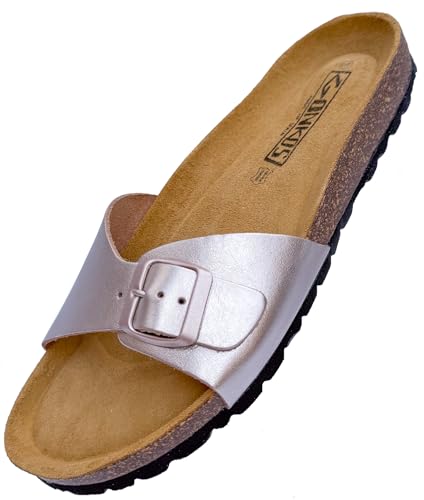 GONKOS®, Sandalias Piel Mujer Plantilla Ergonomica de Corcho, Piel Autentica Corcho Natural, Hebilla ajustable, Sandalias Pala Mujer, Sandalia de Calidad Hechas en España, color Rosa Metalico 39