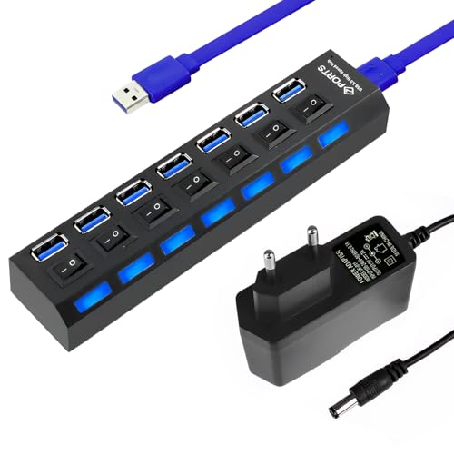 Hub USB 7 Ports avec Adaptateur Secteur, 5Gbs Hub USB 3.0+2.0 Portable avec Interrupteurs LED Individuels, Multi Port Répartiteur Hubs pour Ordinateur Portable PC...