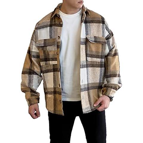 COWOKA Men's Casual Warm Plaid Wool Blend Jacket Fleece Relaxed Fit Button Up Long Sleeve Shacket Shirt Coat Khaki XL Cover