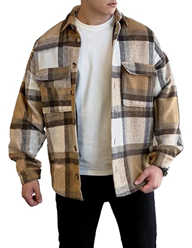 Men's Casual Warm Plaid Wool Blend Jacket Fleece Relaxed Fit Button Up Long Sleeve Shacket Shirt Coat