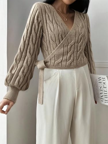 Image of ZAFUL Women's V Neck Sweater Lantern Long Sleeve Pullover Cable Knit Cross Crop Top Casual Tie Wrap Tunic Jumper Blouses