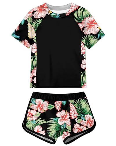 Idgreatim Girl 2 Piece Swimsuits Hawaii Flower Print Bathing Suits Short Sleeve Rash Guard Shirt Swimming Bottom Size 11-12 Years