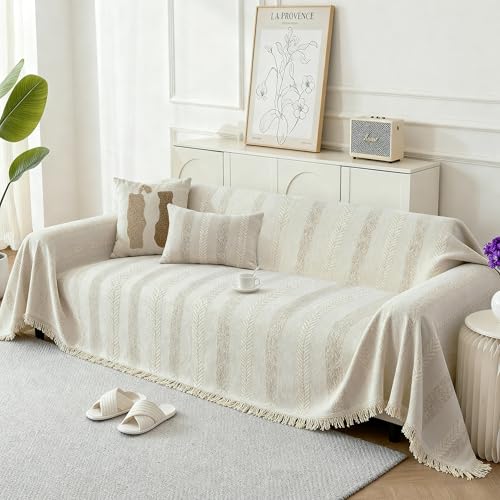 KaviKon Couch Cover for Dogs, Boho Sofa Covers for 3 Cushion Couch, Chenille Sofa Slipcover for Pets Washable, L-Shape Sectional Loveseat Cover Soft Throw Blankets with Tassels(71x118,Striped Beige) by KaviKon - Used condition - CA$53.30