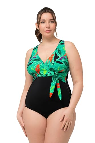 Ulla Popken, Donna, Taglie Grandi, Costume da Bagno Violetta, Cintura Addominale, Foglie in Acqua, Nero, 64