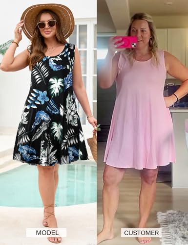 Image of JollieLovin Women Plus Size Curvy Summer Tank Sun Dresses Sleeveless Causal T-Shirt Dress Beach Swing Cover up(L-5X)