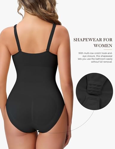 Image of Shapewear Bodysuits with Built in Bra Tummy Control Body Shaper | V Neck Wide Straps Compression Cami Faja Body Shaper with Crotch Hooks
