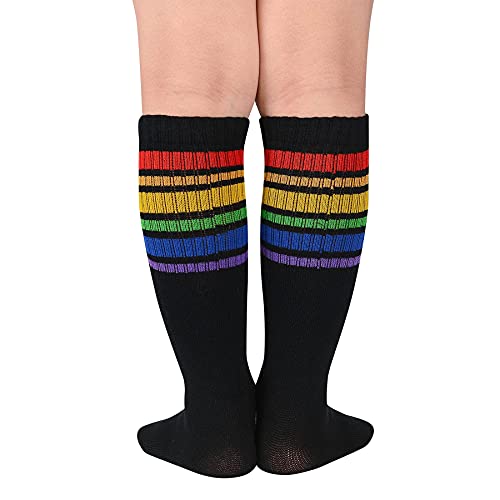 Zando Women Thin Stripes Tube Thigh High Rainbow Knee High Socks Halloween Socks Kids Striped Socks For Girls Toddler Uniform Socks Boys School Socks Athletic Soccer Socks Black With Rainbow One Size #TOP2