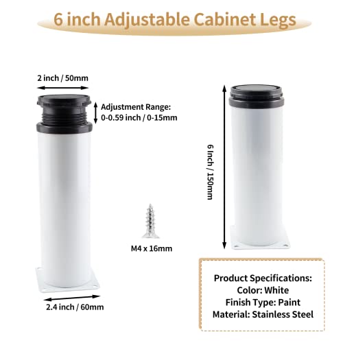 Bivethoi Adjustable Cabinet Legs Set Of 4, 6 Inch / 150Mm Sofa Legs Replacement Furniture Feet, Stainless Steel Vanity Legs Couch Foot Metal Dresser Legs For Shelf Futon Coffee Table (White) #TOP3