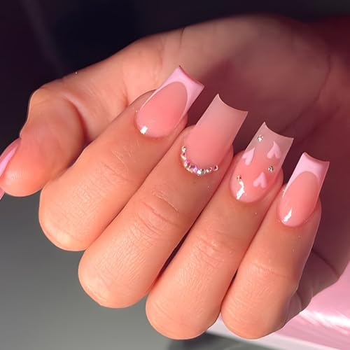24 Piezas Uñas Postizas Largas Cuadradas Francesa Corazón Rosa Press on Nails de Cobertura Completa Acrílico Uñas Falsas Artificiales para Mujeres y Niñas Diseño Uñas