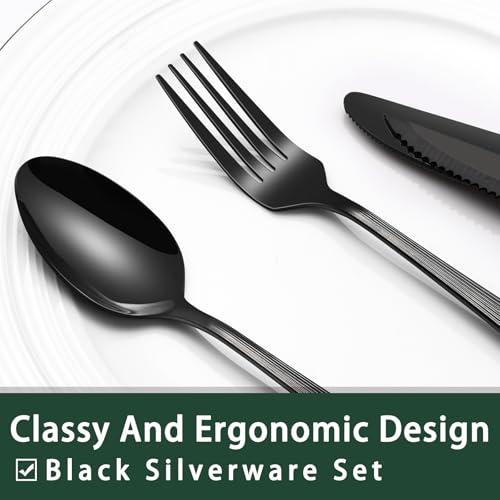 Image of EWFEN 24-Piece Black Silverware Set with Steak Knives, Black Flatware Set for 4, Food-Grade Stainless Steel Tableware Cutlery Set, Mirror Finished Utensil Sets for Home Restaurant, Roman Column