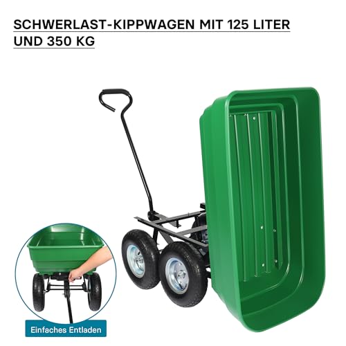 Wiltec Gartenwagen mit Kippfunktion bis 350 kg, Handwagen mit 125 l Volumen, Bollerwagen für Gartenarbeit, Handkarren für u. a. Rasen, Kies, Schlamm
