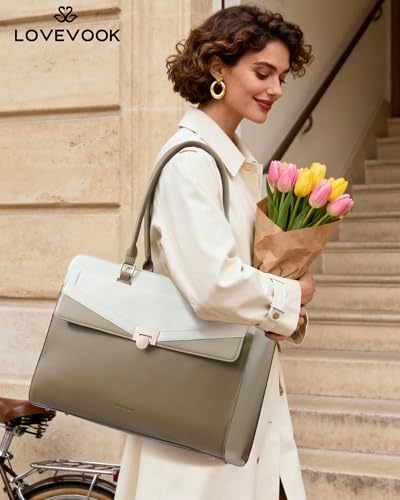 Image of LOVEVOOK Laptop Tote Bag for Women, PU Leather Work Bag, Teacher Tote | with Large Cup Holder, Waterproof Vintage Briefcase for Business Travel & Commute, Magnetic Snap, Padded Laptop Pocket