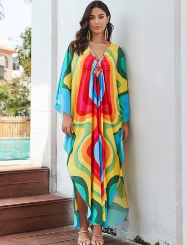 Image of KECVOT Kaftan Dresses for Women Plus Size Batwing Sleeve Caftans Long Bathing Suit Cover Up Maxi Beach Dress Loungewear