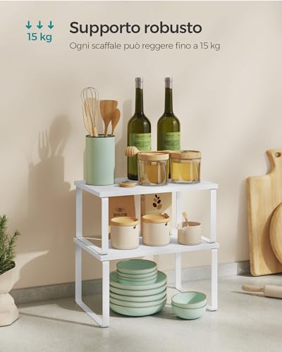 SONGMICS Scaffale Portaspezie, Set di 2 Organizzatori da Cucina Espandibili, Scaffale da Cucina Impilabile, Metallo e Legno Ingegnerizzato, Bianco Nuvola e Bianco Neve KCS02W01 - Immagine 3