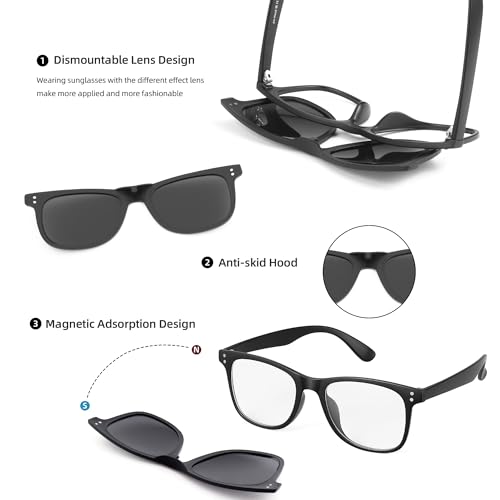 JIM HALO Magnetic 5Pcs Polarized Clip on Sunglasses for Men & Women Square Eyeglasses Fit Over Night Driving4
