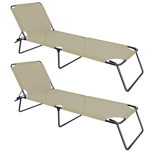 Coppia Lettini da Mare Prendisole Pieghevole Classico Struttura Metallo Reclinabile Rivestimento in Tessuto Traspirante Esterno Giardino Terrazzo Piscina Spiaggia Campeggio 24 x 187 x 53 cm (Beige)