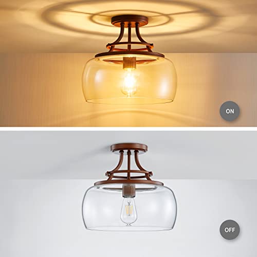 Wuzups Chandelier Rustic Farmhouse Industrial Round Semi-Flushmount Ceiling Led Light Fixture Clear Glass Shades For Bathroom Kitchen Foyer Entryway, H 11.8" X W 13.4", E26 Base, Imitation Wood Grain #TOP3