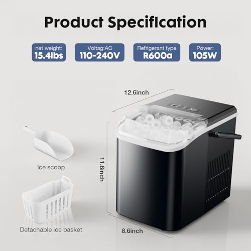 Sweetcrispy Countertop Ice Maker with Scoop, Basket and Handle, Portable Ice Machine 9 Ice Cubes Ready in 6 Mins, 26.5lbs in 24Hrs, 2 Sizes for Home Kitchen Office Bar Party