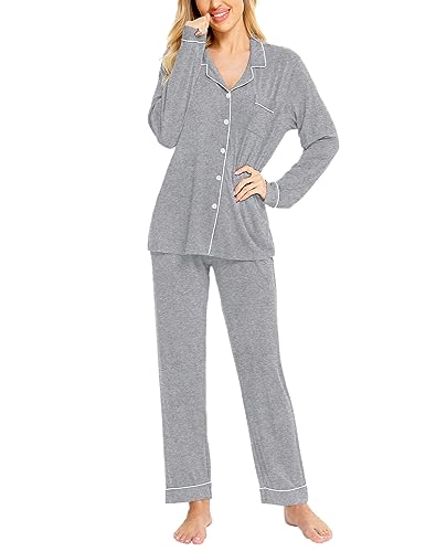 Image of SWOMOG Womens Pajamas Set Long Sleeve Sleepwear Button Down Nightwear Soft Cotton Pj Lounge Sets
