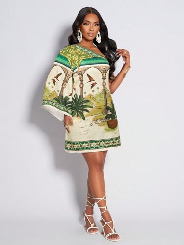 Image of KATECLO Women's One-Shoulder Boho Mini Dress - Asymmetrical Sleeve Floral Print Summer Shift Dress with Border Trim