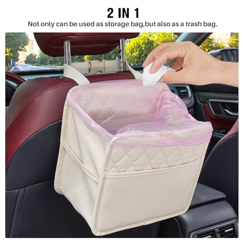 Image of LXUNYI Back Seat Car Organizer, Large Car Seat Organizer with Cup Holders Multifunctional Over the Car Seat Organizer Backseat Hanging Leather Car Seat Organizers and Storage Bags(Beige 1Pack)