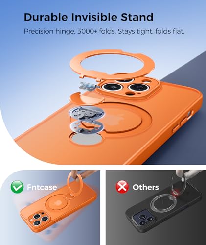 Image of FNTCASE for iPhone 14 Pro-Max Case: [360 Spin Magnetic Stand] [Compatible with Magsafe] [Screen Protector] Translucent Matte Military Grade Shockproof Full Camera Protective Phone Cover - Orange