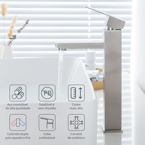Torneira Banheiro Luxo Moderno Quadrada 1/4 Volta 304 Inox Aço Prata Bancada Pia Banheiro
