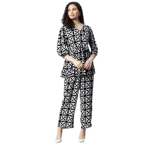 Image of DEEBACO Women's Geometric Print Rayon Top & Pants Co Ord Set for Women V Neck 3 /4 Puff Sleeve Ladies Party Casual Wear Fashionable for Girls Loose Fit Cord Set (DBCOMR00000982 L White)
