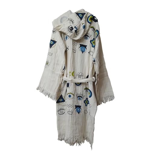 Turkish Cotton Hooded Bathrobe for Women & Men, Handmade Evil Eye Patterns, Lightweight. with Tote Bag.