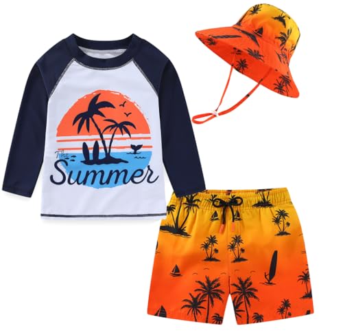 SWMSTUPF Baby Toddler Boys UPF 50+ Rashguard Set Swimsuit with Sun Hat Swimwear Bathing Suit for Beach Pool Sun Protection?Summer?9-18 Months?