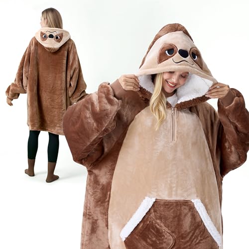 Image of Giggling Getup Wearable Blanket Hoodie for Women and Men Sherpa Fleece Hooded Blanket Sweatshirt Warm Cozy Sherpa Wearable Throw Oversized Hoodie with Giant Pocket & Sleeves for Adult Brown Sloth