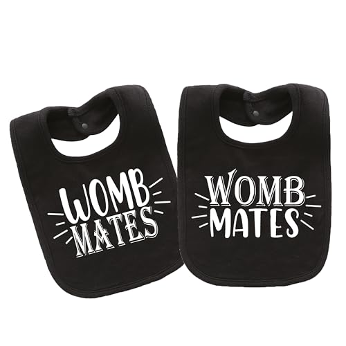 Image of AOUYOA 2-Pack Baby Twins Bibs Womb Mates Soft Cotton Matching Feeding Bib Twin Newborn Infant Boys Girls(black)
