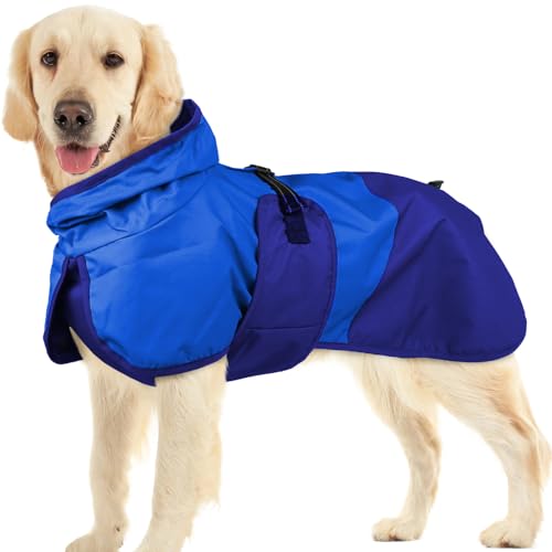Image of BRKURLEG Dog Raincoat, Waterproof Rain Jacket with Hood, Blue, XXL | Adjustable Windproof Rainproof Jacket with Leash Hole, Reflective Breathable Rain Coat Poncho, for Small to Large Dogs