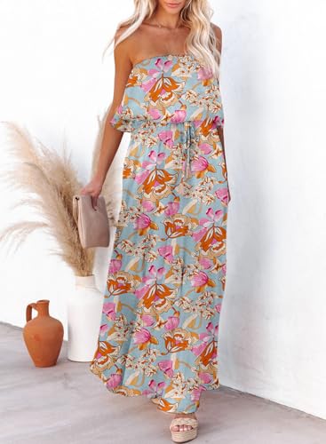 Image of Dokotoo Womens Strapless Dresses Casual Side Split Flowy Boho Maxi Dress | High Waist,Off The Shoulder,Wedding Guest,Bohemian,Beach Vacation Clothes,Floral Print,Sundresses,Casual