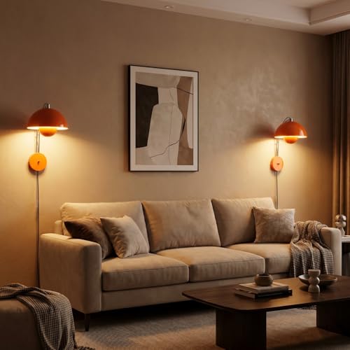 Image of Mid-Century Modern Bud Plug in Wall Sconces for Bedroom, Pastel Orange | Indirect lighting reading wall lamp, all-metal construction, plug-in or hardwired install, fits bedroom bedside, living room