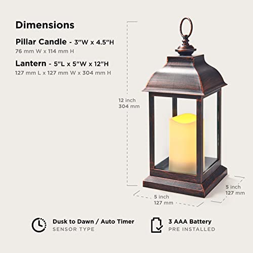 Lamplust Decorative Candle Lanterns With Led Candle -12 Inch Tall Battery Powered Dark Brown Lantern With 6-Hour Timer, Rustic Bronze Finish, Flickering Led Light, Autumn & Fall Decor #TOP1