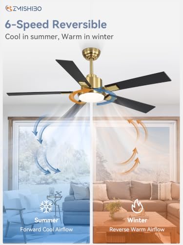 Image of ZMISHIBO 52 inch Black and Gold Ceiling Fans with Lights and Remote, Indoor /Outdoor Modern Ceiling Fan for Bedroom Living Room Patio, 6 Speed Reversible Quiet DC Motor, 3 CCT, Dual Finish Blades