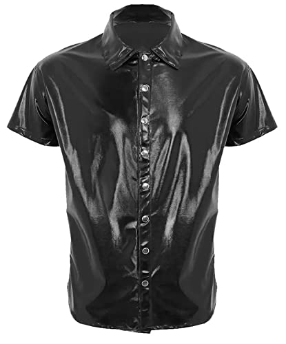 Image of AIEOE Men's Leather Metallic Shirts Shiny Slim Fit Stretch Top Wetlook Club Party Undershirts