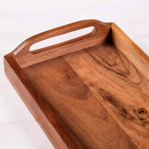 Image of Nestasia Wooden Serving Tray with Handles (41x16cm) - Acacia Wood Rectangular Brown Tray for Dining & Coffee Table | Platter for Serving Tea, Cakes, Snacks, Breakfast & Home Decor (Deep Brown)