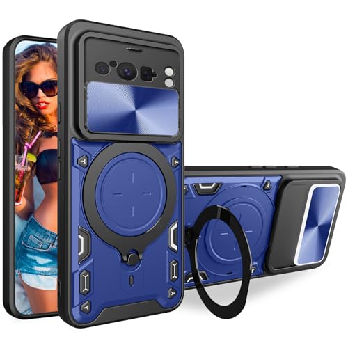 Heavy Duty Armor Case for Google Pixel 8 Pro with Camera Cover, Built-in Rotated Ring Kickstand with Slide Camera Lens Protection Cover Case for Pixel 8 Pro JS-Black