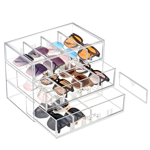 Lolalet Organizzatore di Occhiali da Sole Trasparente con Cassetto, Scatola di Stoccaggio con Divisori Rimovibili per Coppie Multiple -Trasparente, 3 livelli
